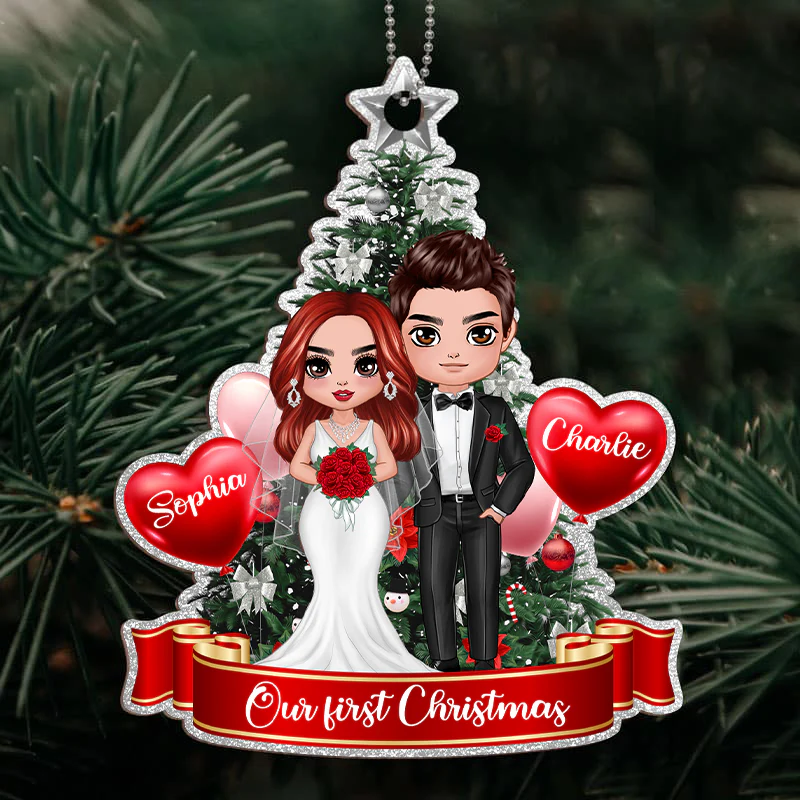 Groom And Bride At Christmas Tree Personalized Wooden Ornament