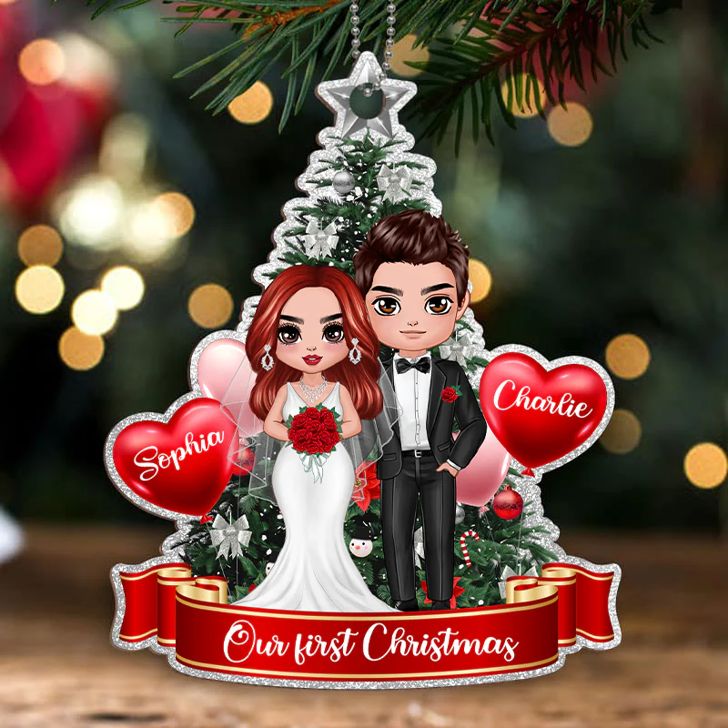 Groom And Bride At Christmas Tree Personalized Wooden Ornament - Image 3