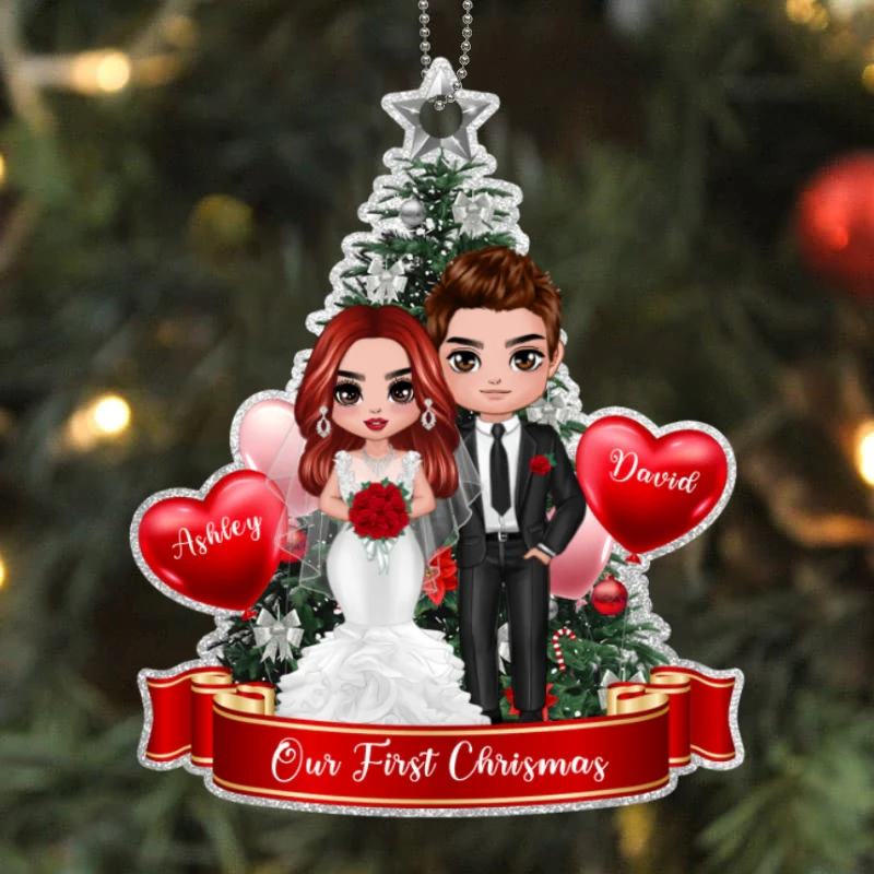 Groom And Bride At Christmas Tree Personalized Wooden Ornament - Image 4