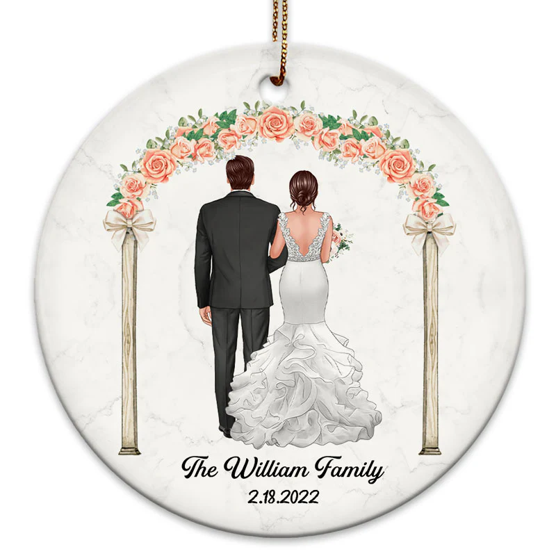 Groom And Bride Back View Flower Gate Personalized Circle Ornament