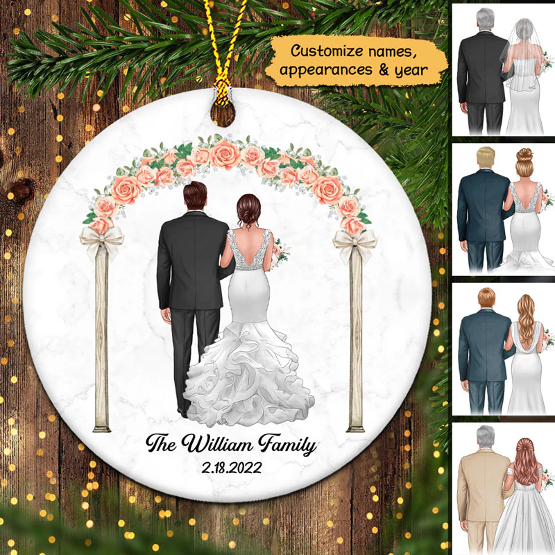 Groom And Bride Back View Flower Gate Personalized Circle Ornament - Image 2