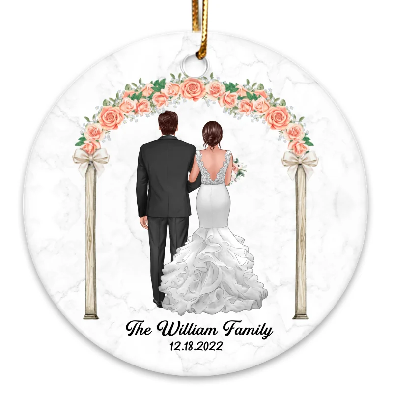 Groom And Bride Back View Flower Gate Personalized Circle Ornament - Image 3