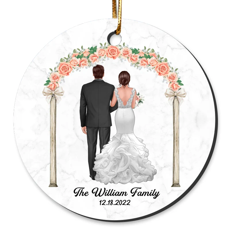 Groom And Bride Back View Flower Gate Personalized Circle Ornament - Image 4