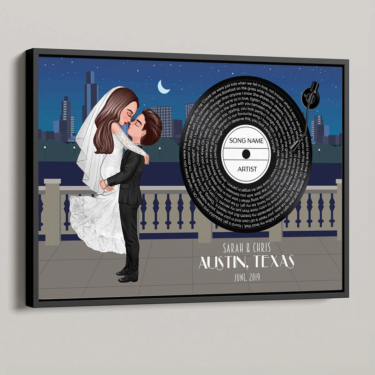 Groom & Bride City Wedding Song Poster, Personalized Couple Cartoon Portrait Wedding Gift Anniversary Gift Gift For Him, For Her
