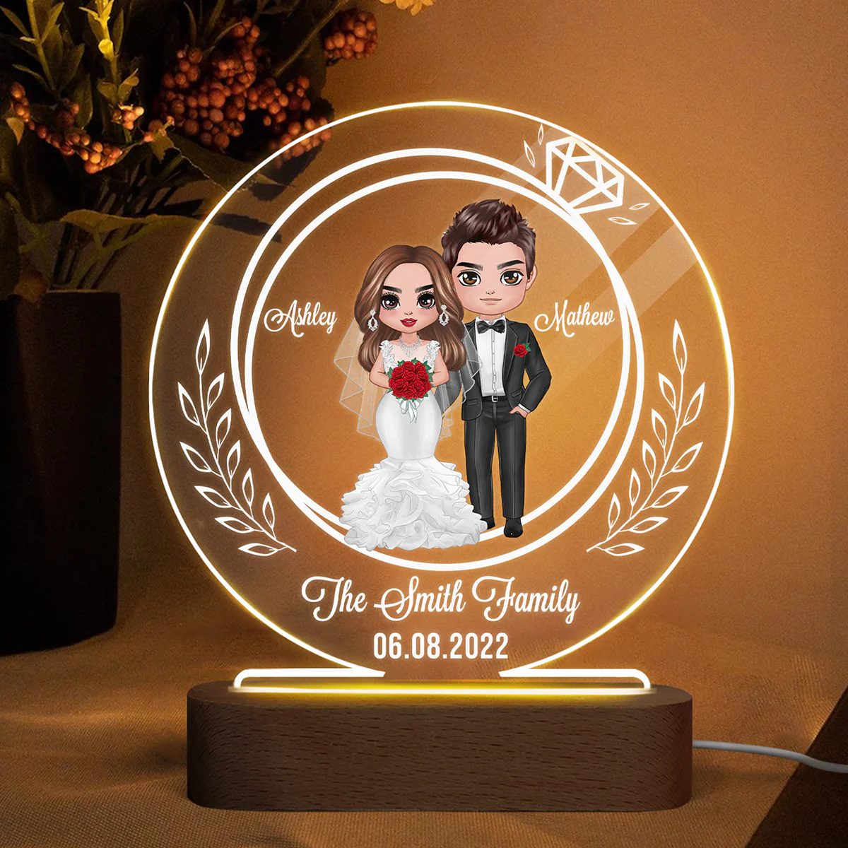 Groom Bride Couple Ring Personalized Circle Plaque LED Night Light - Wedding Anniversary Gift
