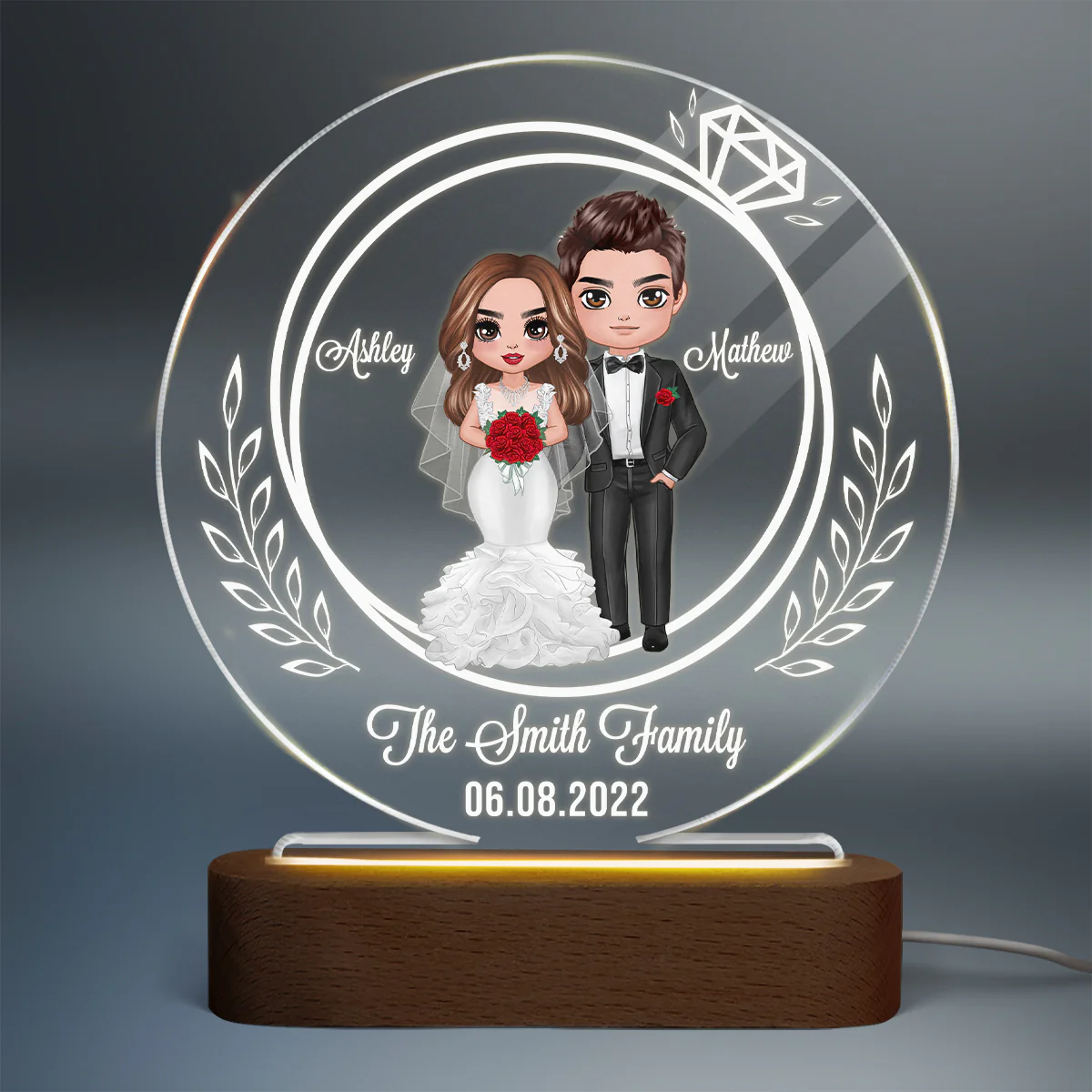 Groom Bride Couple Ring Personalized Circle Plaque LED Night Light - Wedding Anniversary Gift - Image 2