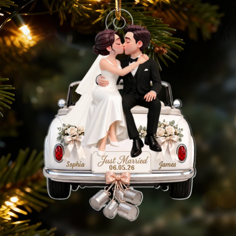 Groom Bride Sitting On Wedding Car 2D Flat - Personalized Acrylic Ornament - Wedding Keepsake - Image 10