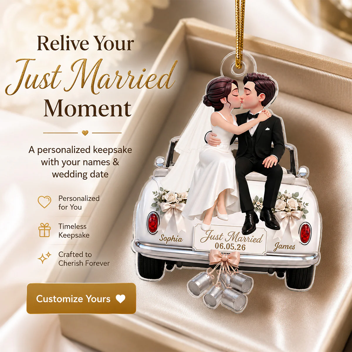 Groom Bride Sitting On Wedding Car 2D Flat - Personalized Acrylic Ornament - Wedding Keepsake - Image 8