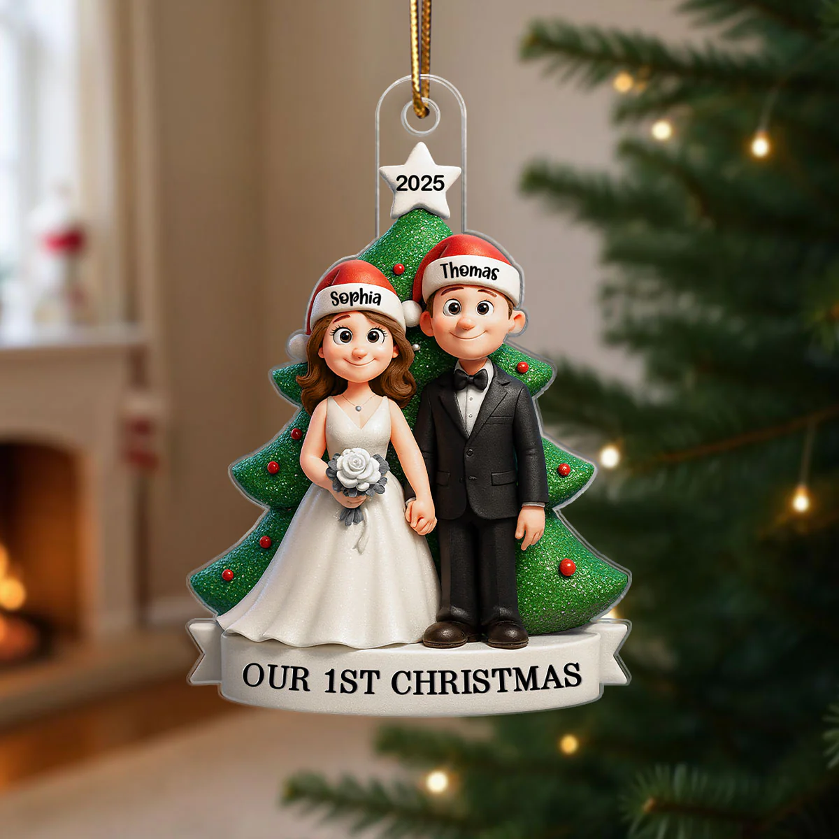 Groom & Bride Under Tree First Christmas Personalized Acrylic Ornament | Just Married Newlyweds Marriage Keepsake