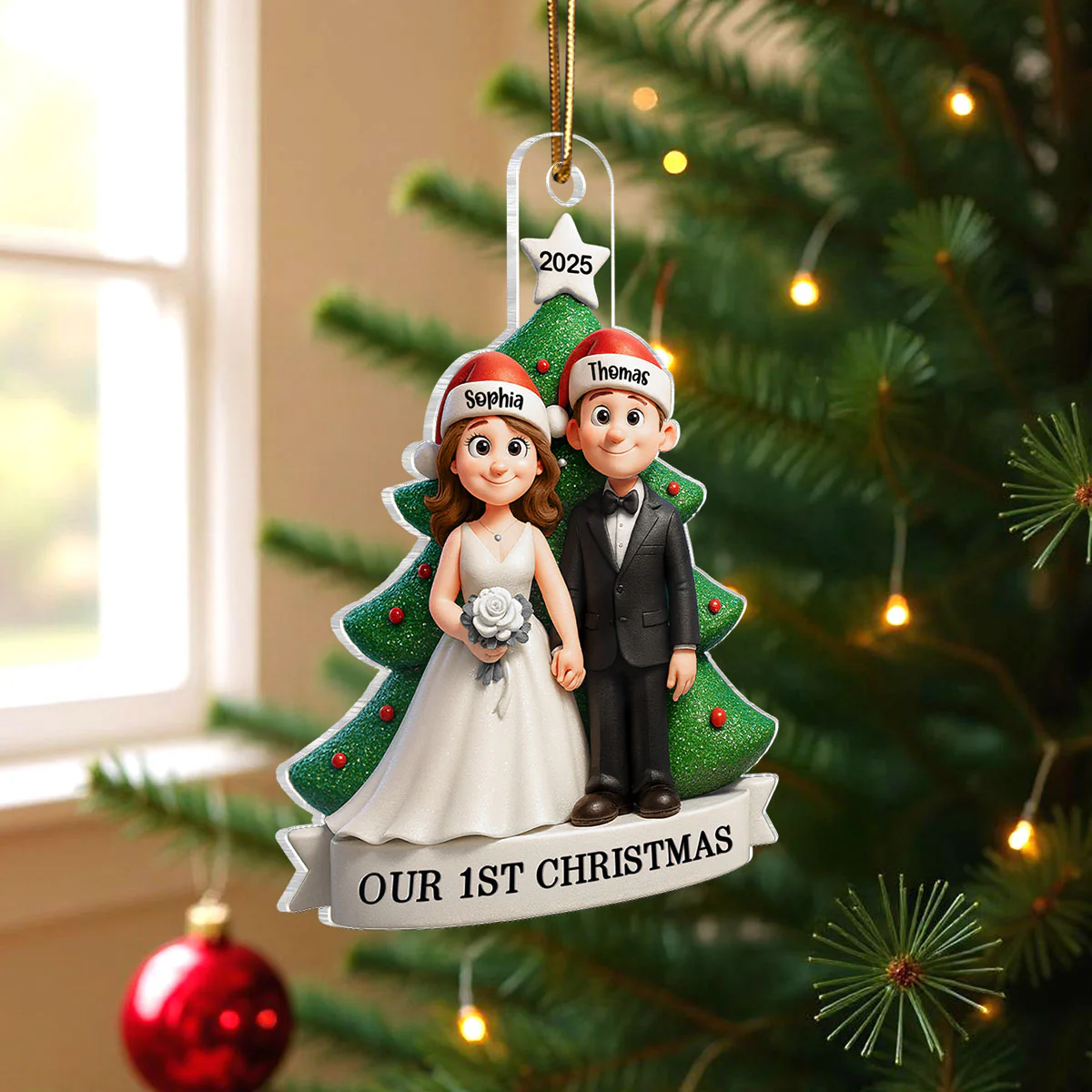 Groom & Bride Under Tree First Christmas Personalized Acrylic Ornament | Just Married Newlyweds Marriage Keepsake - Image 2