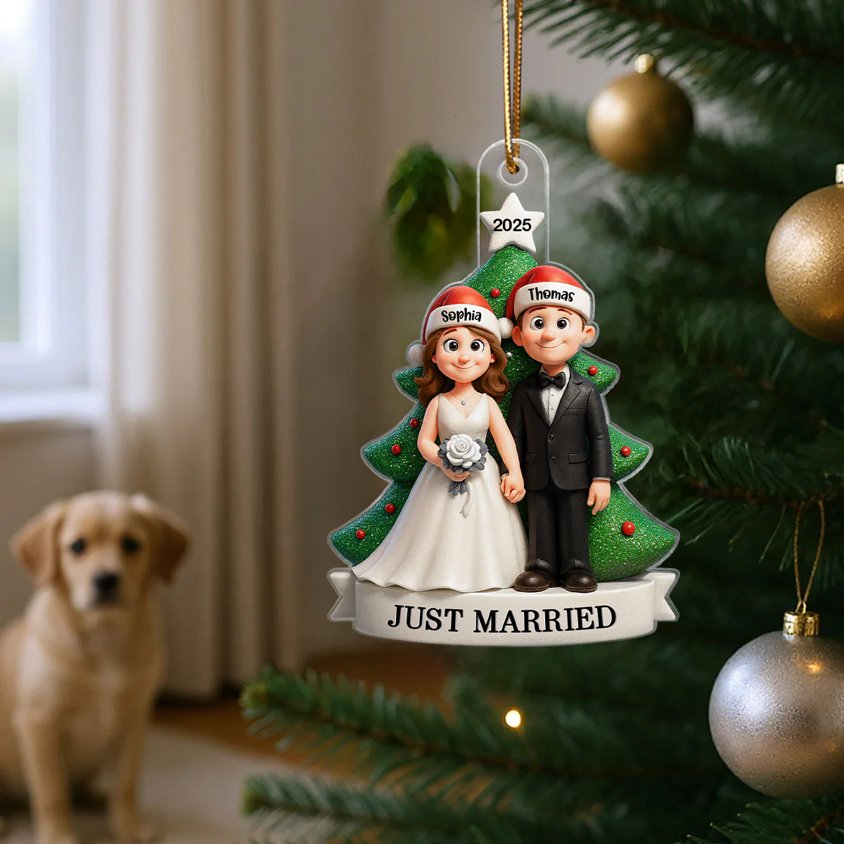 Groom & Bride Under Tree First Christmas Personalized Acrylic Ornament | Just Married Newlyweds Marriage Keepsake - Image 3