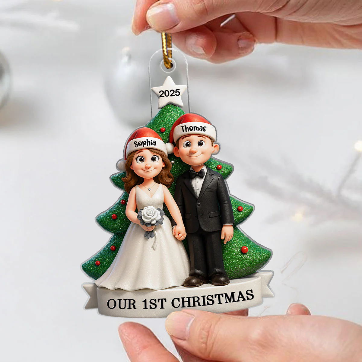 Groom & Bride Under Tree First Christmas Personalized Acrylic Ornament | Just Married Newlyweds Marriage Keepsake - Image 4