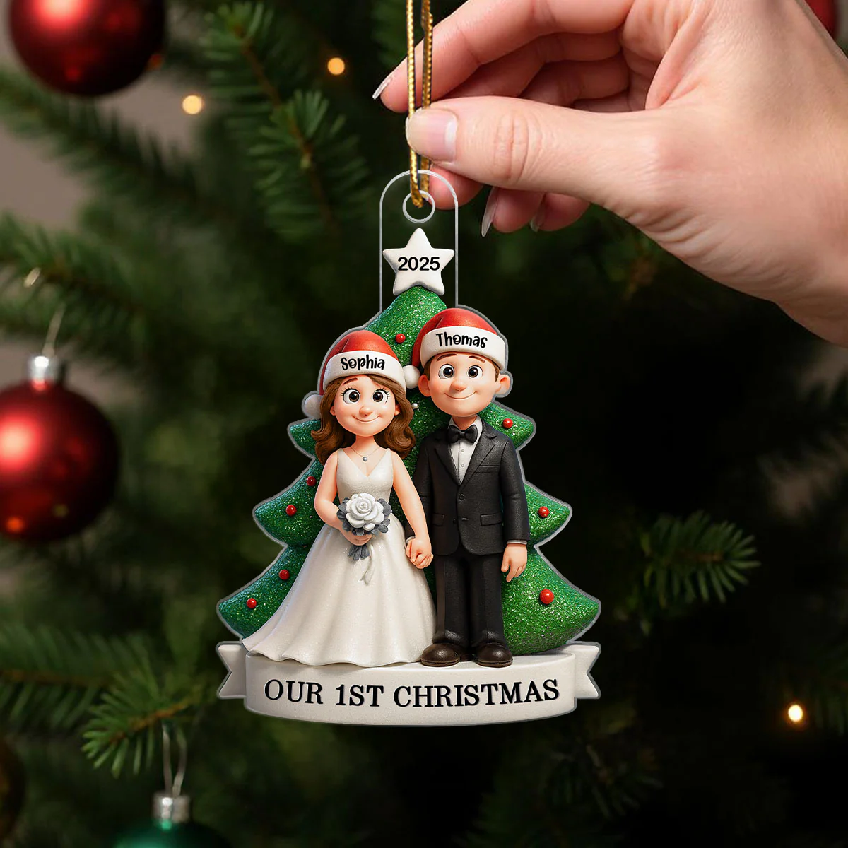 Groom & Bride Under Tree First Christmas Personalized Acrylic Ornament | Just Married Newlyweds Marriage Keepsake - Image 5