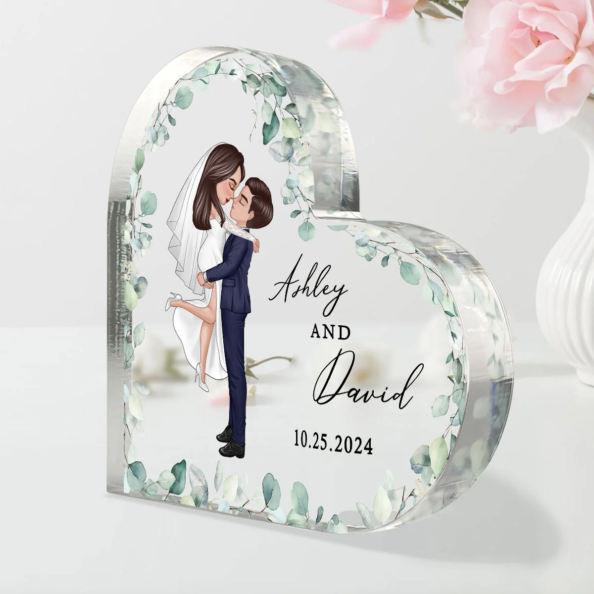 Groom & Bride Wedding Acrylic Heart Plaque, Anniversary Gift Mr & Mrs Keepsake, Engagement Gift For Couple, For Her, For Him - Image 3