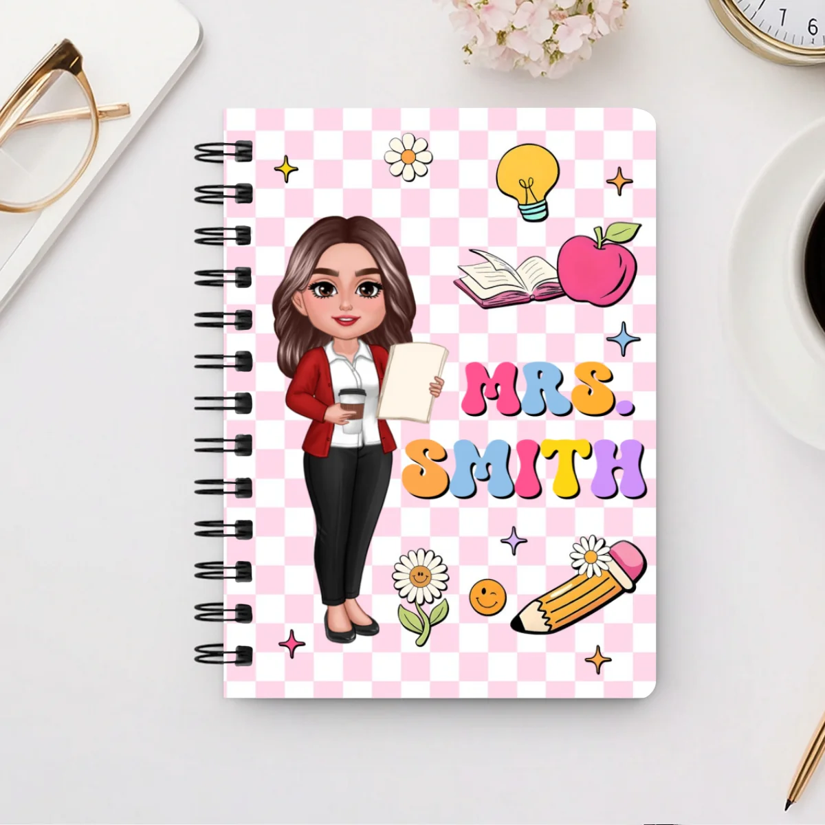 Groovy School Things Teacher Name Personalized Spiral Notebook Journal, Back To School Stationery - Image 12