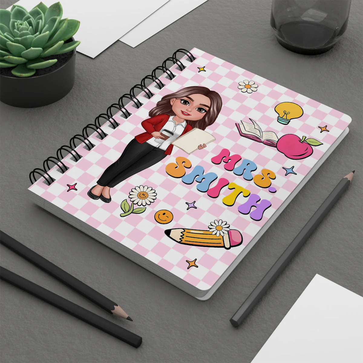Groovy School Things Teacher Name Personalized Spiral Notebook Journal, Back To School Stationery - Image 3