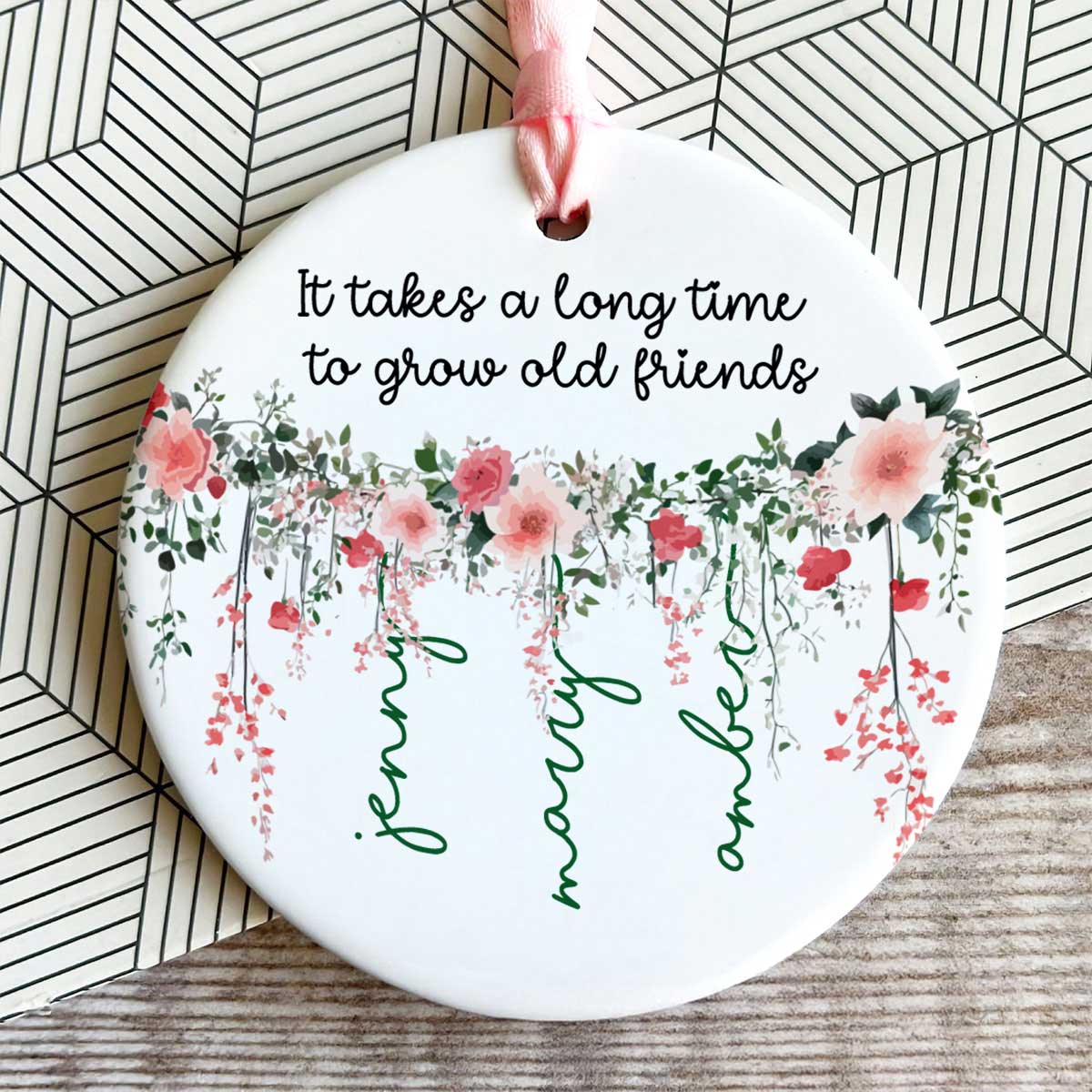 Grow Old Friends Vine Flowers Personalized Circle Ceramic Ornament, Gift for Besties, Best Friends - Image 6