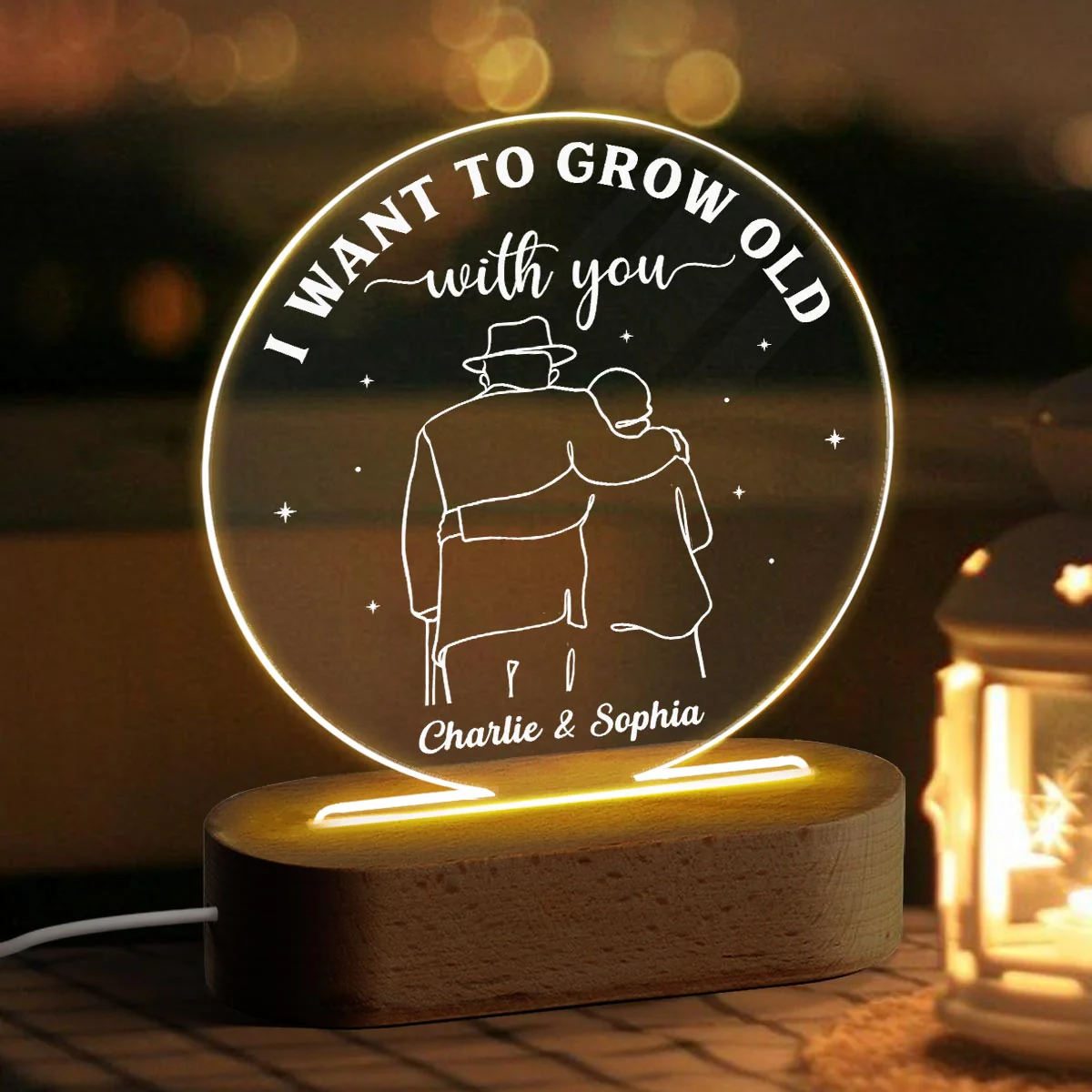 Grow Old With You Couple Personalized Circle Acrylic LED Lamp, LED Night Light, Gift For Him, Gift For Her - Image 3