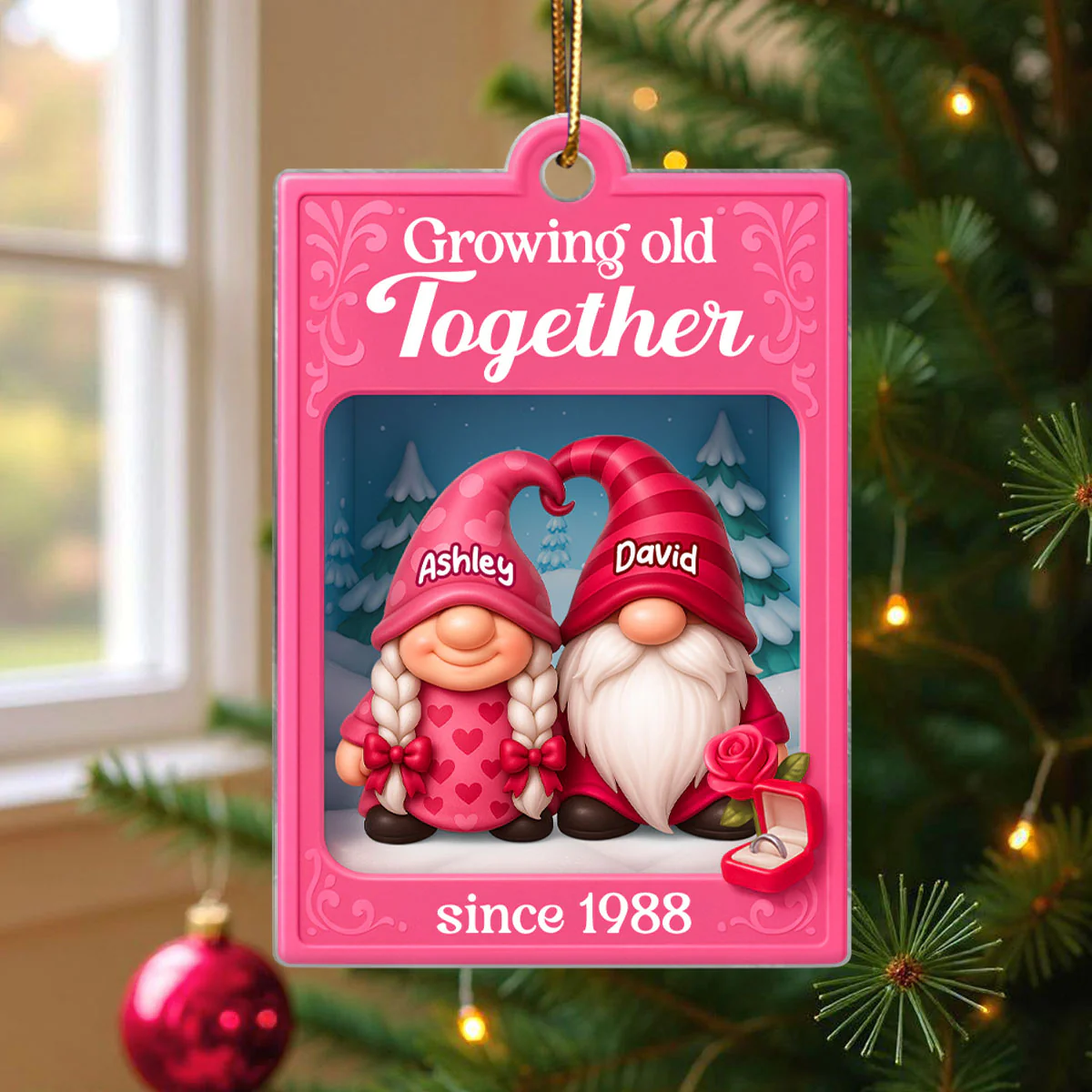 Growing Old Together Pink Gnome Couples Action Figure - Personalized Acrylic Ornament - Unique Christmas Gift For Old Couples, For Wife, For Husband - Image 3