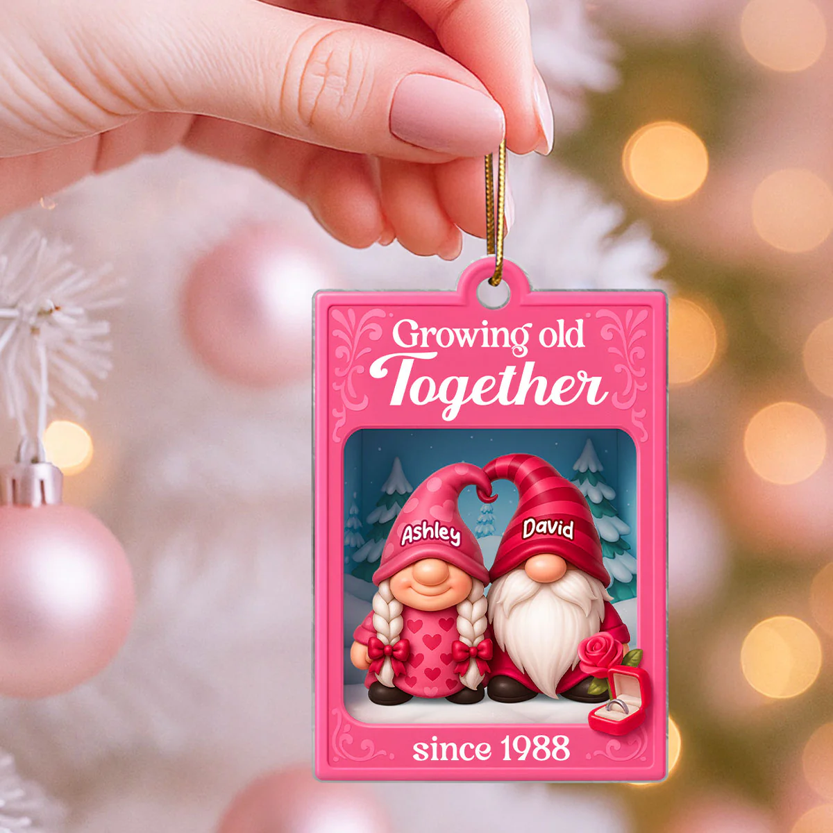 Growing Old Together Pink Gnome Couples Action Figure - Personalized Acrylic Ornament - Unique Christmas Gift For Old Couples, For Wife, For Husband - Image 4