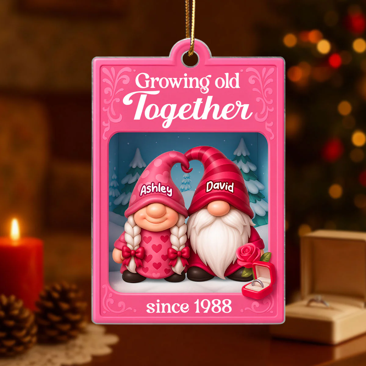 Growing Old Together Pink Gnome Couples Action Figure - Personalized Acrylic Ornament - Unique Christmas Gift For Old Couples, For Wife, For Husband - Image 5