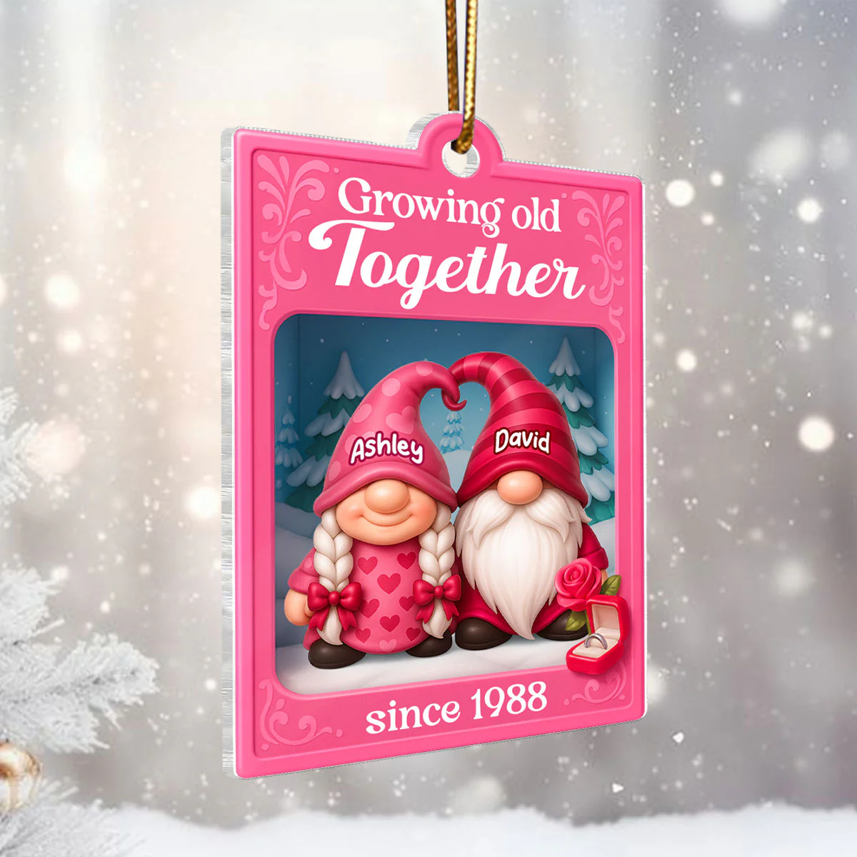 Growing Old Together Pink Gnome Couples Action Figure - Personalized Acrylic Ornament - Unique Christmas Gift For Old Couples, For Wife, For Husband - Image 6