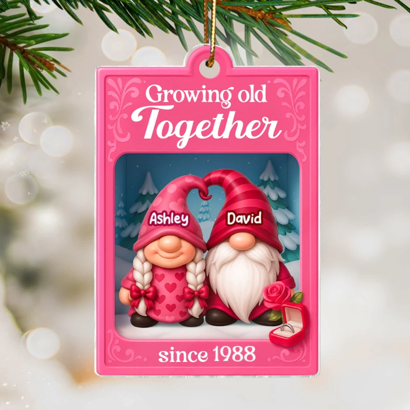 Growing Old Together Pink Gnome Couples Action Figure - Personalized Acrylic Ornament - Unique Christmas Gift For Old Couples, For Wife, For Husband - Image 8