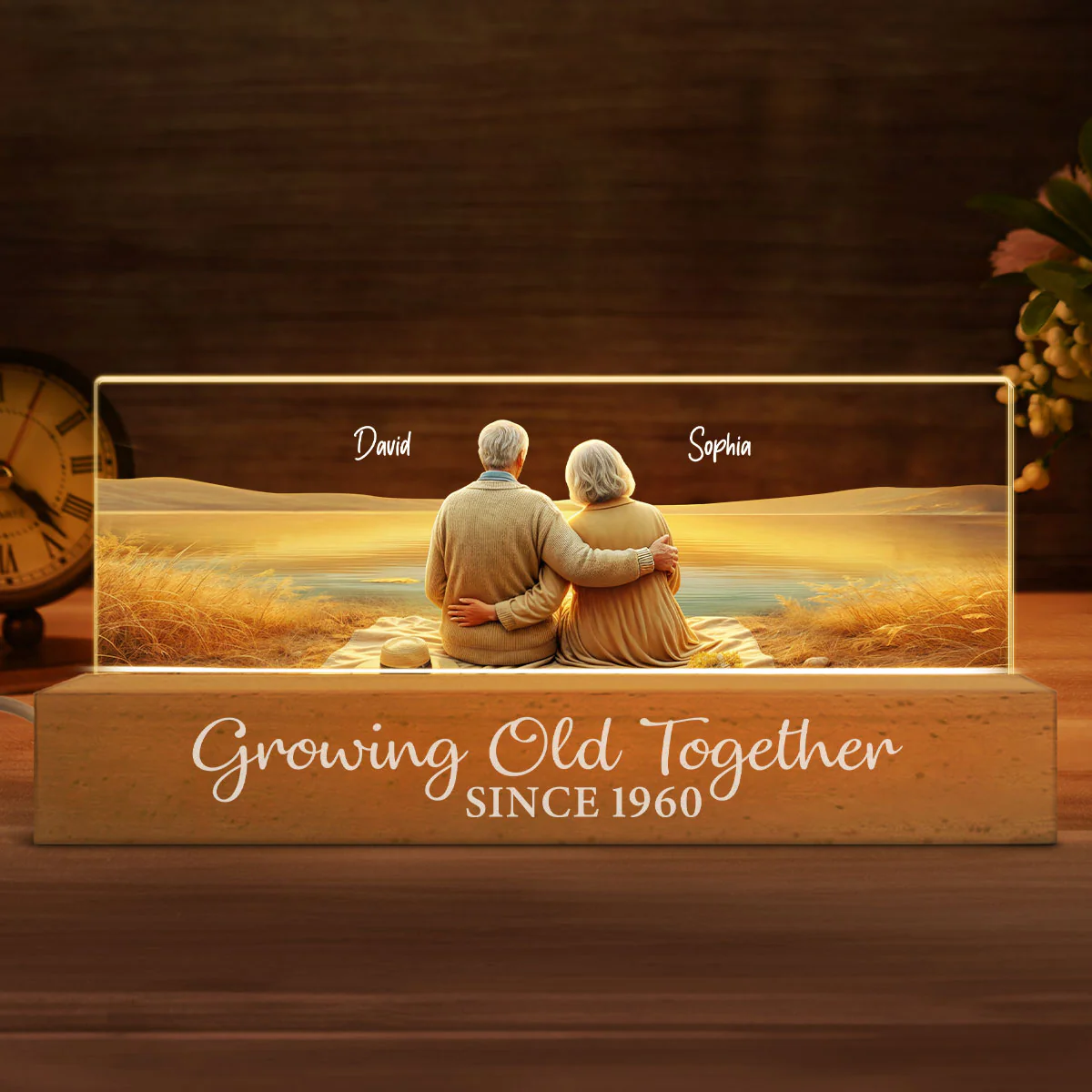 Growing Old Together Personalized Acrylic Block LED Night Light, Anniversary Birthday Gift For Husband, Wife, Old Couple, Parents - Image 5