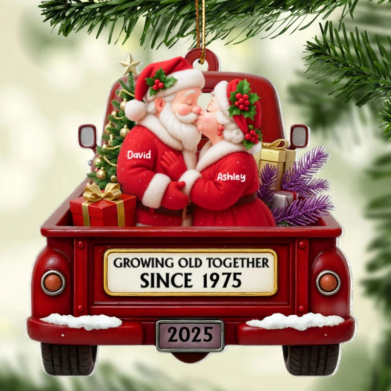Growing Old Together Santa Couple Red Truck - Personalized Acrylic Ornament - Heartwarming Christmas Gift For Him, For Her, For Couple - Image 10