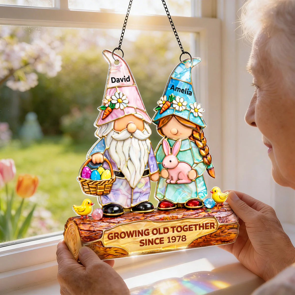 Growing Old Together Since Couple Gnome - Personalized Suncatcher - Gift For Couple, Family - Image 3