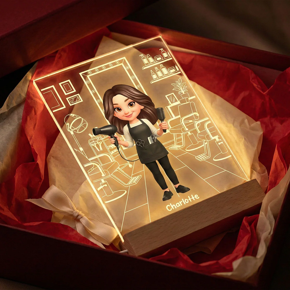 Hairdresser Man Woman In Hair Salon - Personalized Acrylic Plaque LED Night Light - Gift For Hairdressers - Image 2