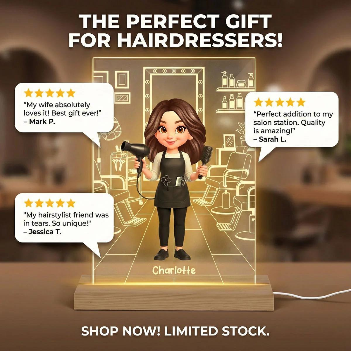 Hairdresser Man Woman In Hair Salon - Personalized Acrylic Plaque LED Night Light - Gift For Hairdressers - Image 3