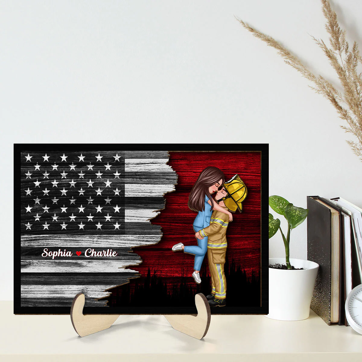 Half Flag Couple Valentine‘s Day Gifts by Occupation Gift For Her Gift For Him Firefighter, Nurse Personalized 2-Layer Wooden Plaque - Image 2