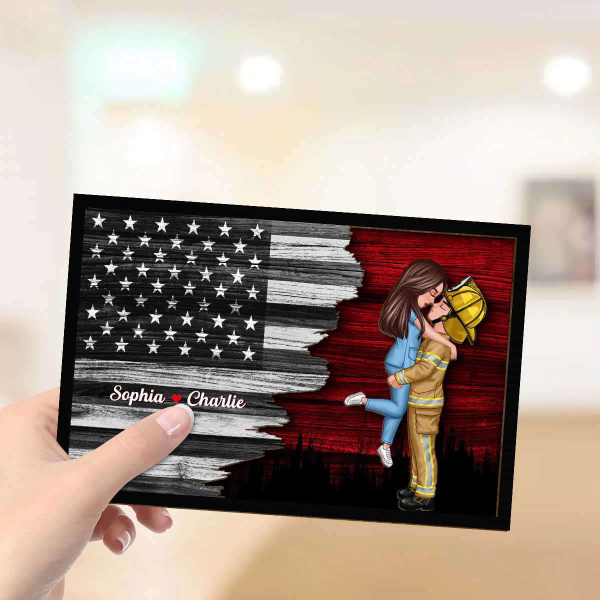 Half Flag Couple Valentine‘s Day Gifts by Occupation Gift For Her Gift For Him Firefighter, Nurse Personalized 2-Layer Wooden Plaque - Image 4