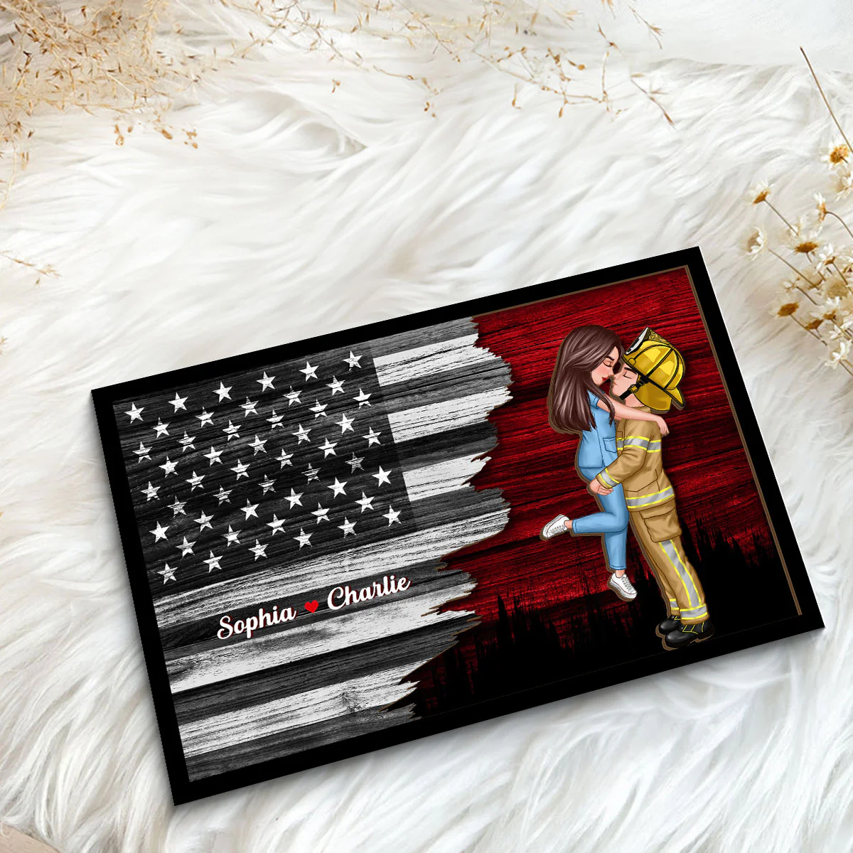 Half Flag Couple Valentine‘s Day Gifts by Occupation Gift For Her Gift For Him Firefighter, Nurse Personalized 2-Layer Wooden Plaque - Image 5