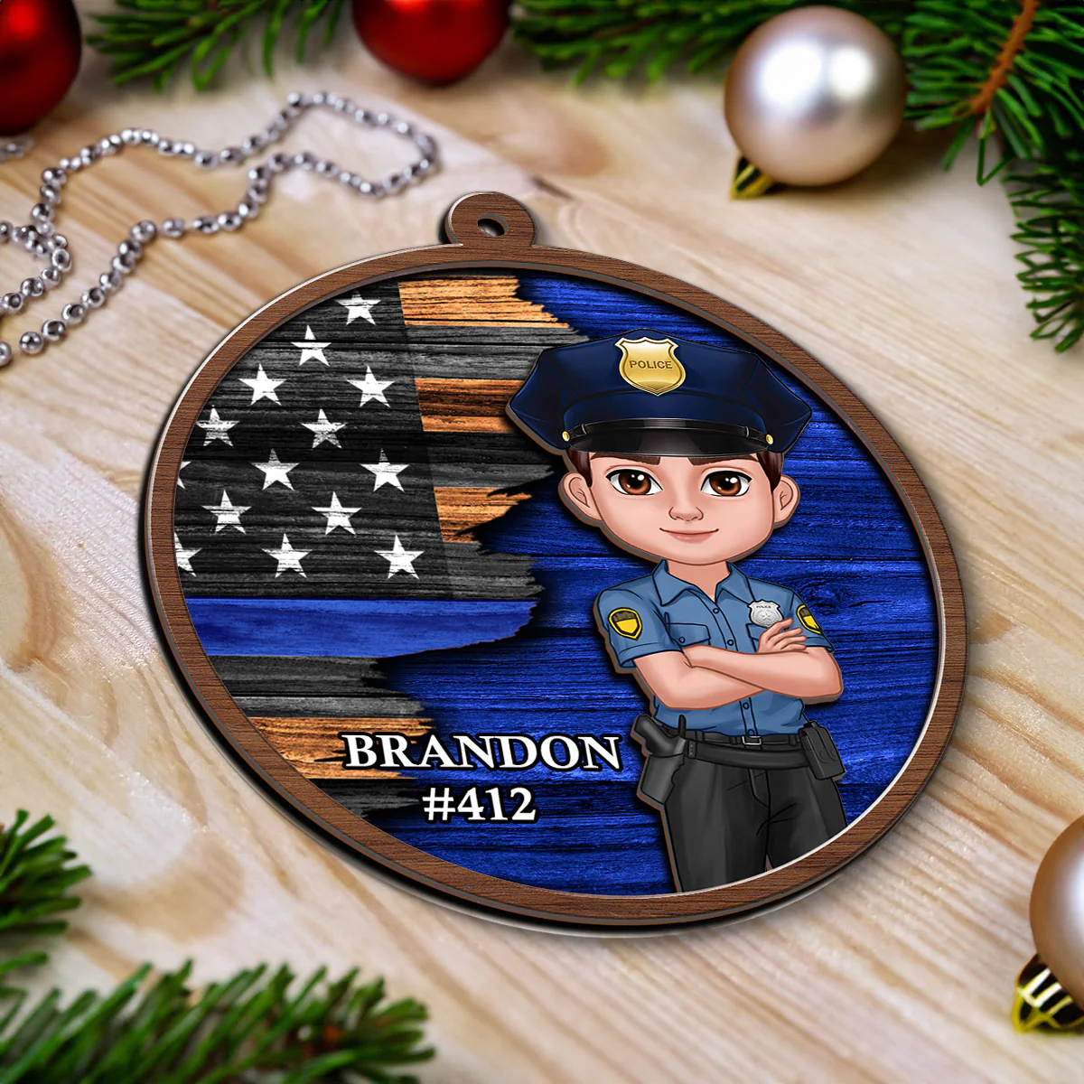 Half Flag Police Firefighter Nurse Personalized 2-Layer Wooden Ornament - Image 4