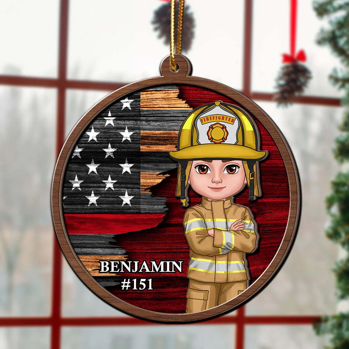 Half Flag Police Firefighter Nurse Personalized 2-Layer Wooden Ornament - Image 5