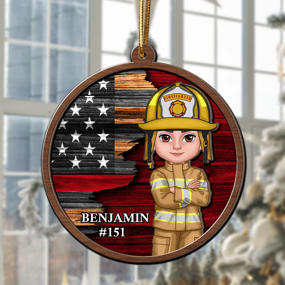 Half Flag Police Firefighter Nurse Personalized 2-Layer Wooden Ornament - Image 7