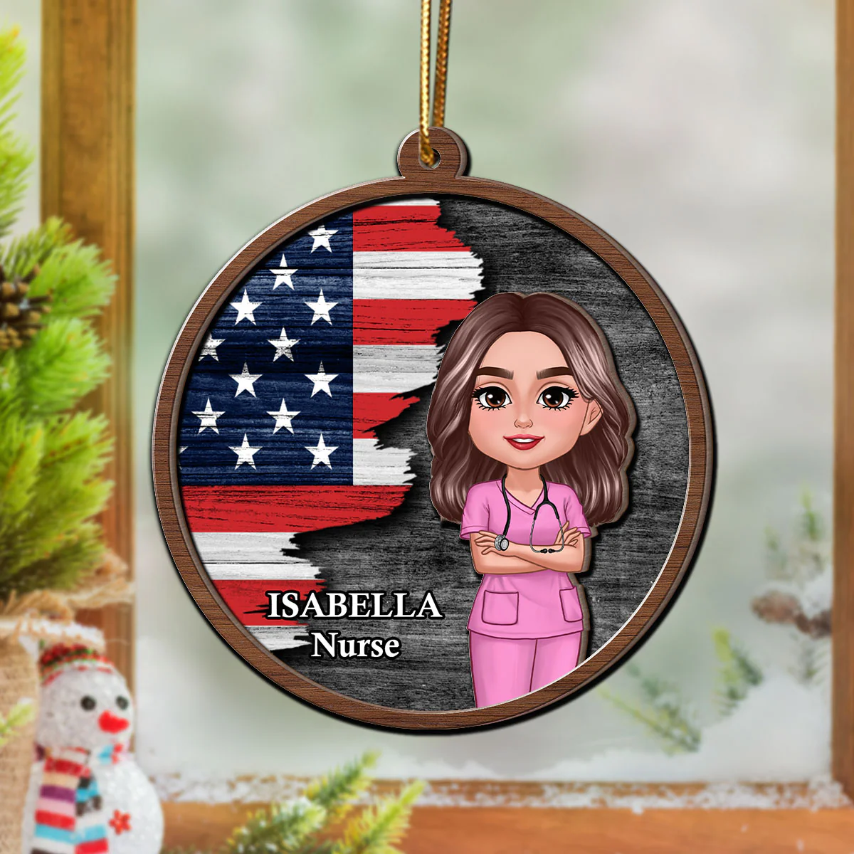 Half Flag Police Firefighter Nurse Personalized 2-Layer Wooden Ornament - Image 8