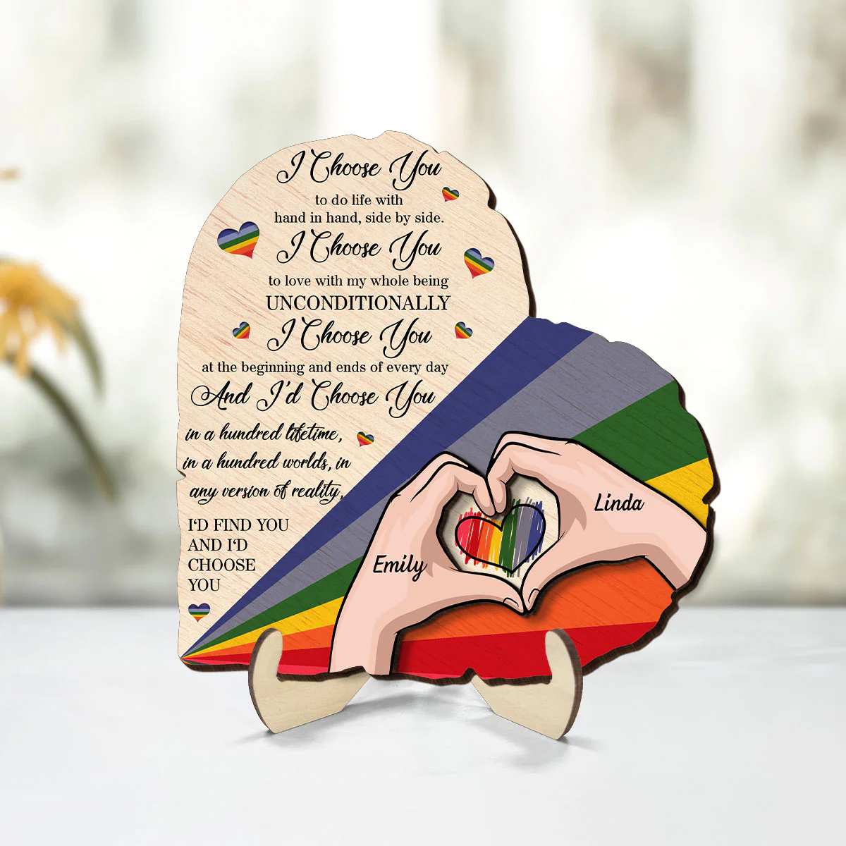 Half Heart Rainbow Flag LGBTQ Couple Personalized 2-Layered Wooden Plaque, Pride Month gift - Image 2