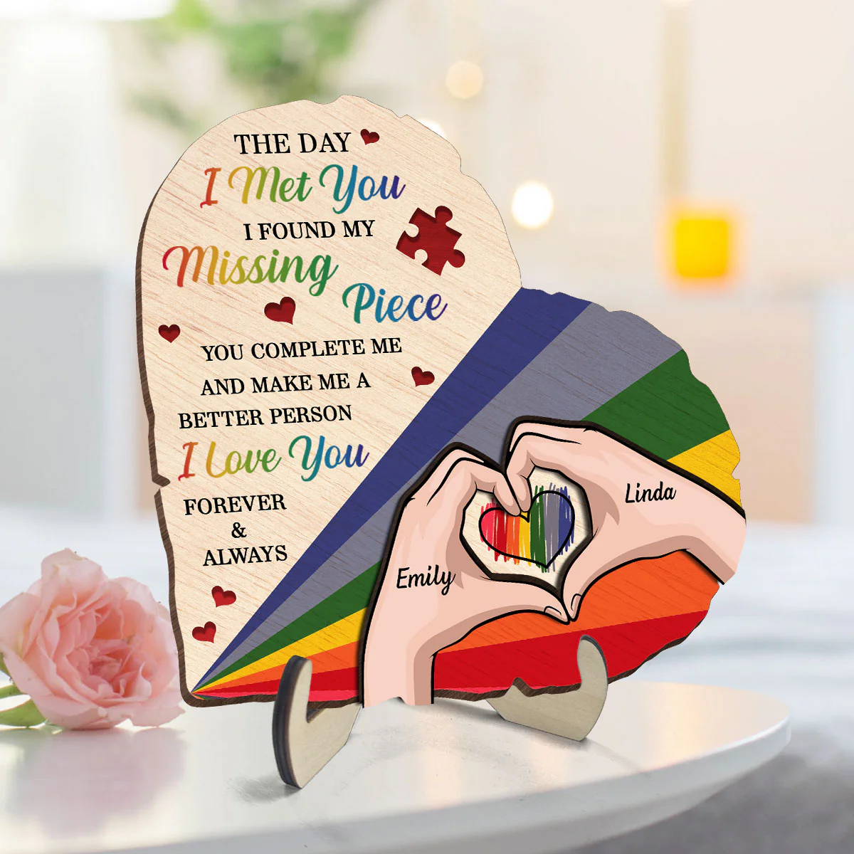 Half Heart Rainbow Flag LGBTQ Couple Personalized 2-Layered Wooden Plaque, Pride Month gift - Image 6