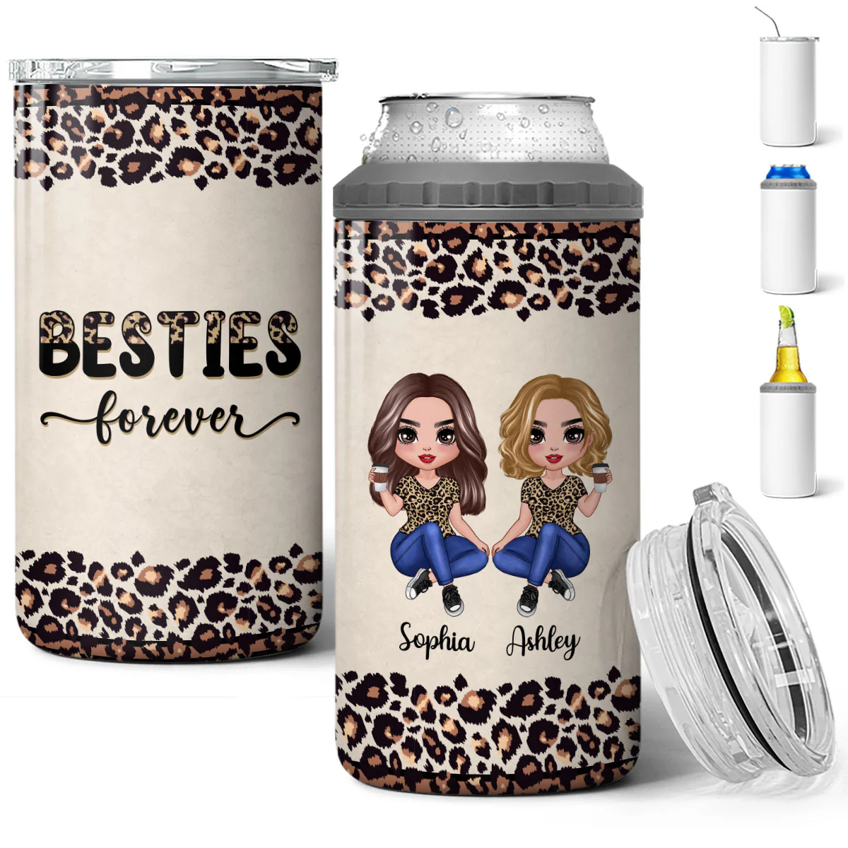 Half Leopard Besties Sisters Personalized 4 In 1 Can Cooler