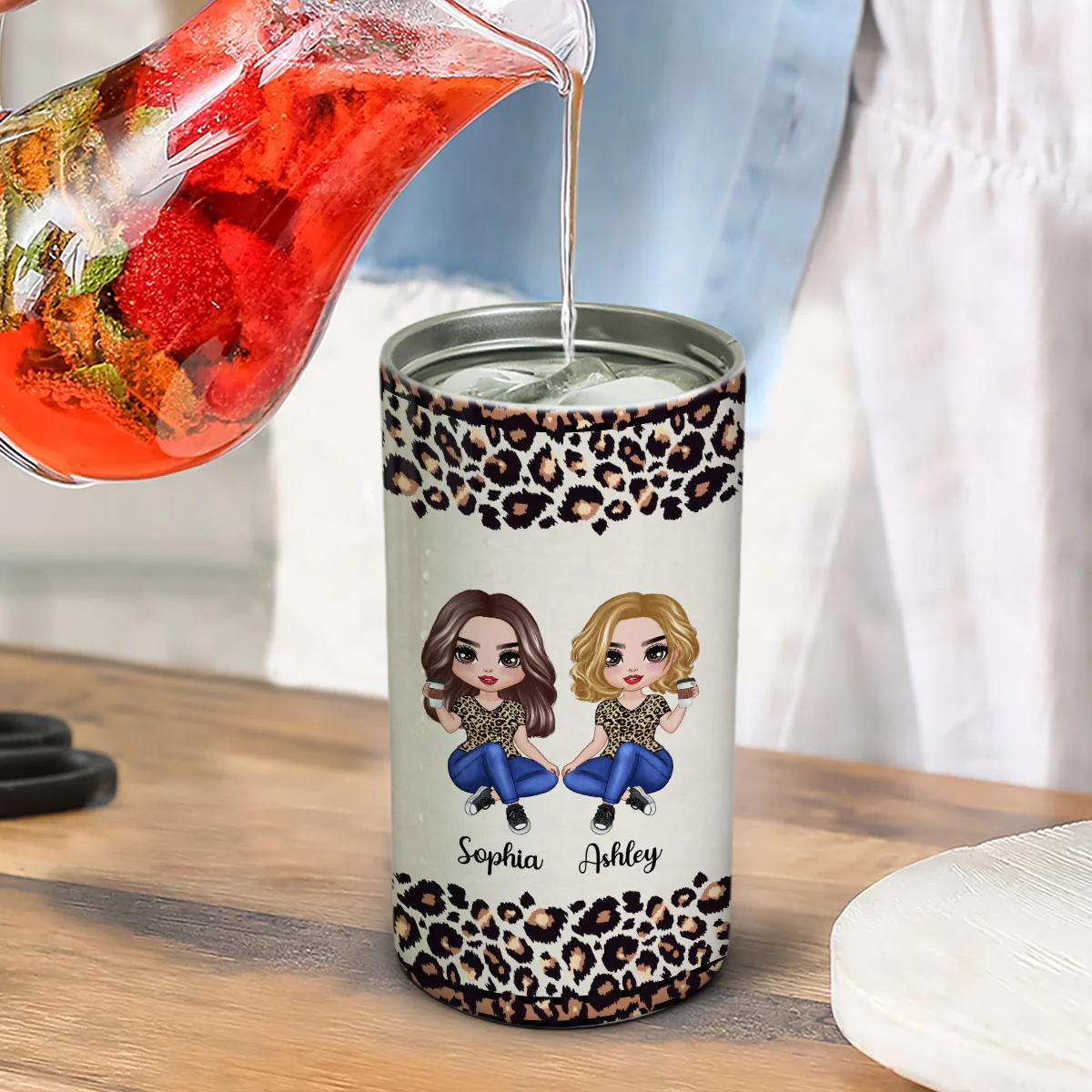 Half Leopard Besties Sisters Personalized 4 In 1 Can Cooler - Image 4
