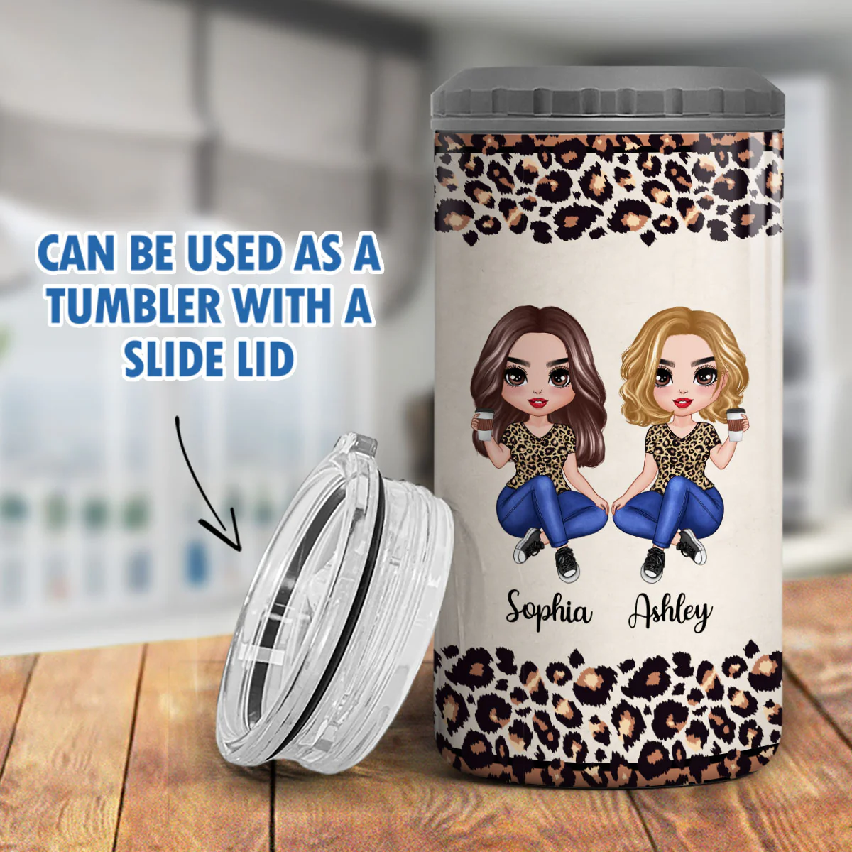 Half Leopard Besties Sisters Personalized 4 In 1 Can Cooler - Image 7