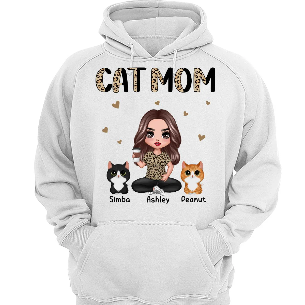Half Leopard Cat Mom Doll Woman Sitting With Watercolor Cute Cats Personalized Shirt - Image 3