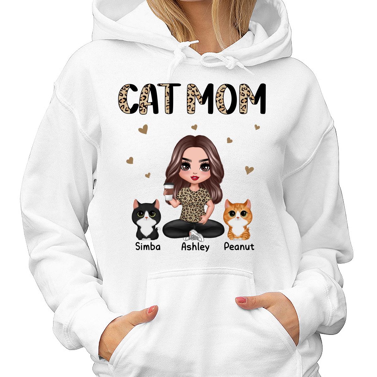Half Leopard Cat Mom Doll Woman Sitting With Watercolor Cute Cats Personalized Shirt - Image 4