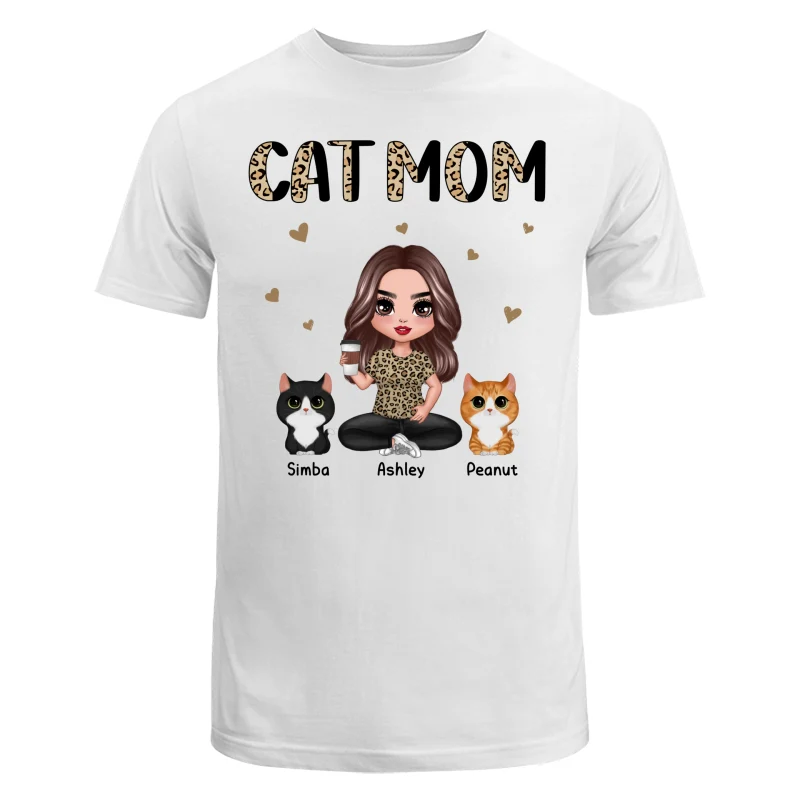 Half Leopard Cat Mom Doll Woman Sitting With Watercolor Cute Cats Personalized Shirt - Image 5