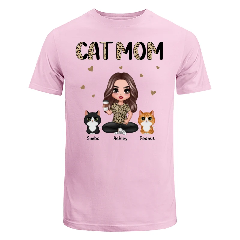 Half Leopard Cat Mom Doll Woman Sitting With Watercolor Cute Cats Personalized Shirt - Image 7