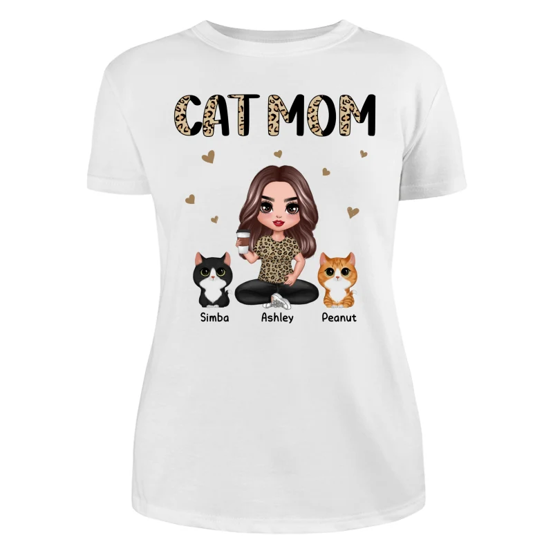 Half Leopard Cat Mom Doll Woman Sitting With Watercolor Cute Cats Personalized Shirt - Image 9