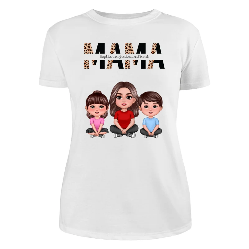 Half Leopard Mom Mama Woman Crossed Legs With Kids Personalized Shirt - Image 9